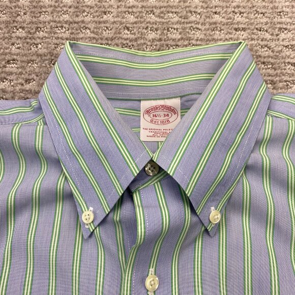 Brooks Brothers Formal Shirt Men 16.5 - 34 Gray Green Stripes Non-Iron Cotton - Picture 4 of 8